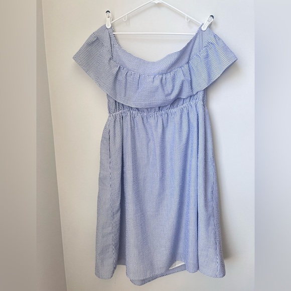 Eloquii Off the Shoulder Seersucker Dress Women's 18 Ruffle Overlay Blue White - Picture 12 of 12